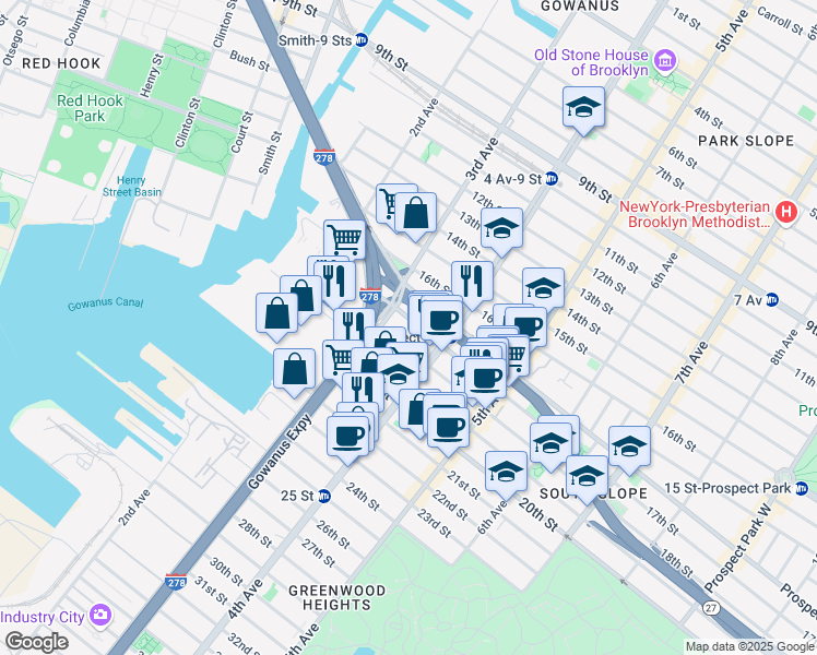 map of restaurants, bars, coffee shops, grocery stores, and more near 145 18th Street in Brooklyn