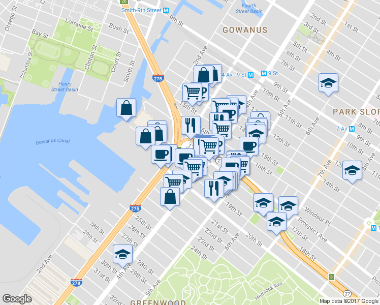 map of restaurants, bars, coffee shops, grocery stores, and more near 145 18th Street in Brooklyn