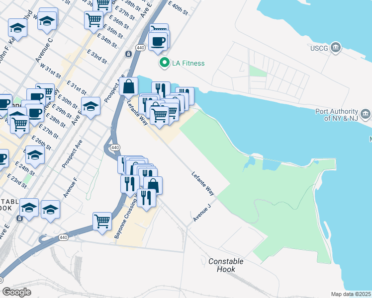 map of restaurants, bars, coffee shops, grocery stores, and more near 69 Lefante Way in Bayonne