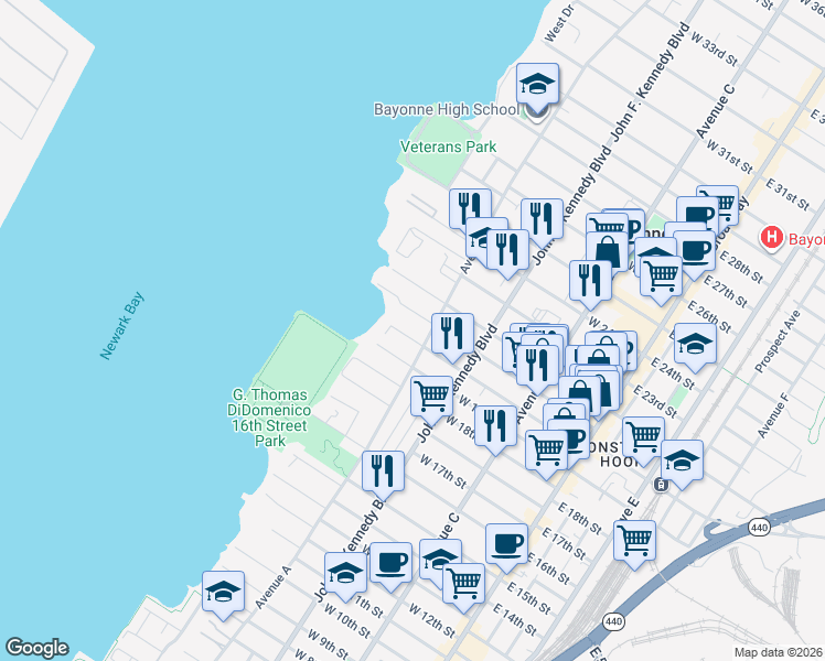 map of restaurants, bars, coffee shops, grocery stores, and more near 155 West 19th Street in Bayonne
