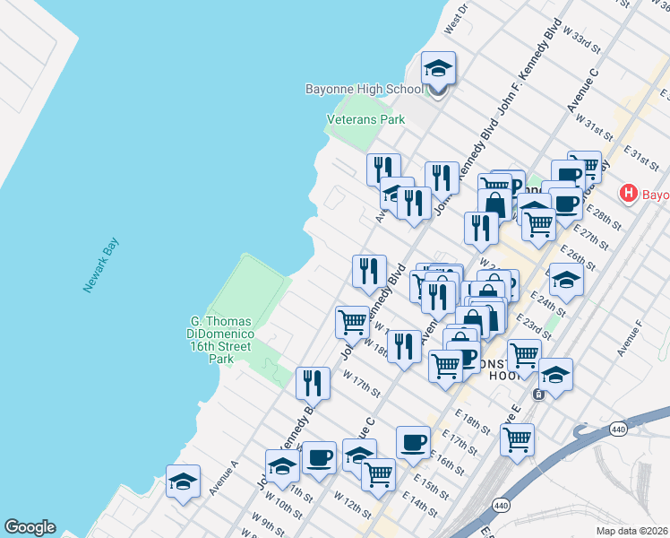 map of restaurants, bars, coffee shops, grocery stores, and more near 155 West 19th Street in Bayonne