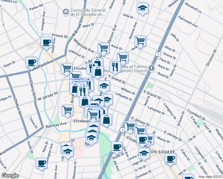 map of restaurants, bars, coffee shops, grocery stores, and more near 1072 Lafayette Street in Elizabeth