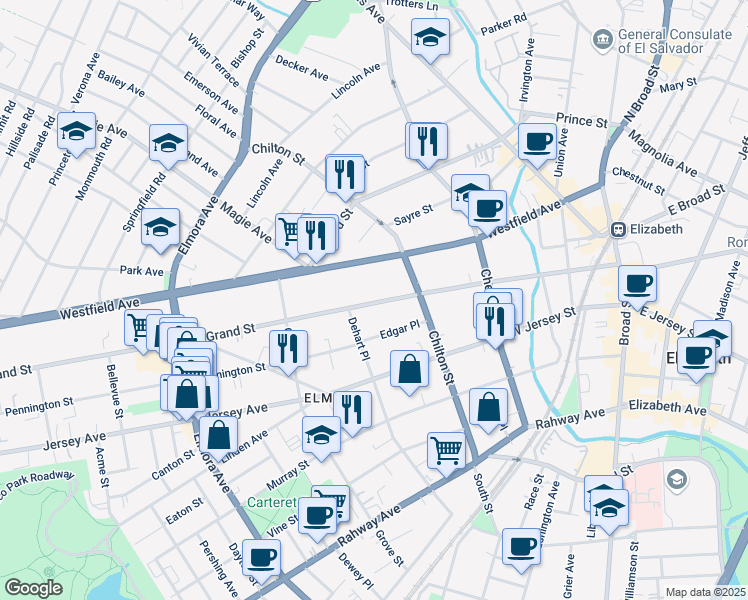 map of restaurants, bars, coffee shops, grocery stores, and more near 250-252 West Grand Street in Elizabeth