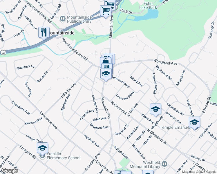 map of restaurants, bars, coffee shops, grocery stores, and more near 810 Mountain Avenue in Westfield