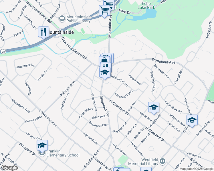 map of restaurants, bars, coffee shops, grocery stores, and more near 824 Mountain Avenue in Westfield