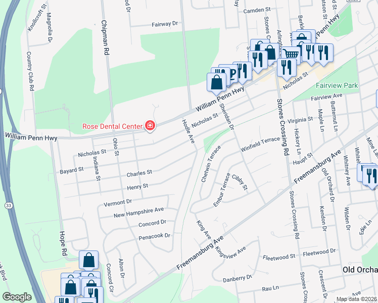 map of restaurants, bars, coffee shops, grocery stores, and more near 4430 Charles Street in Easton