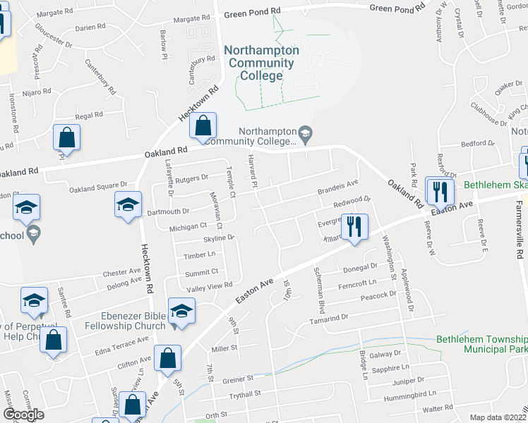 map of restaurants, bars, coffee shops, grocery stores, and more near 3370 Harvard Place in Bethlehem