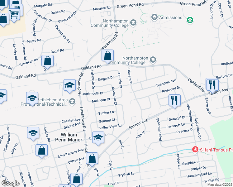 map of restaurants, bars, coffee shops, grocery stores, and more near 3597 Michigan Court in Bethlehem