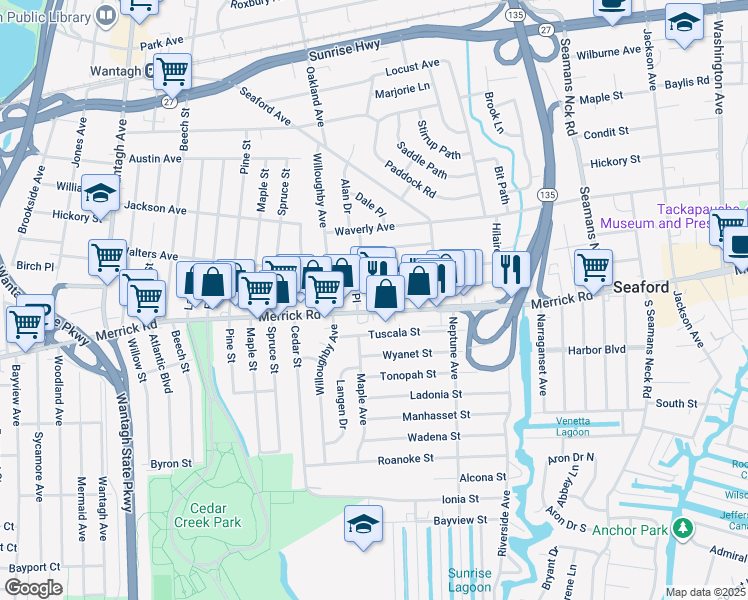map of restaurants, bars, coffee shops, grocery stores, and more near 3530 Merrick Road in Seaford