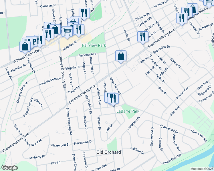 map of restaurants, bars, coffee shops, grocery stores, and more near 1122 Whitehall Avenue in Easton