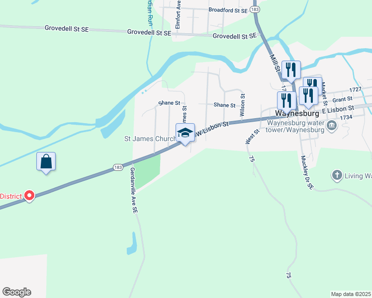 map of restaurants, bars, coffee shops, grocery stores, and more near 400 West Lisbon Street in Waynesburg