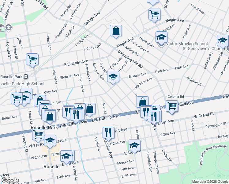 map of restaurants, bars, coffee shops, grocery stores, and more near 225 Pershing Avenue in Roselle Park