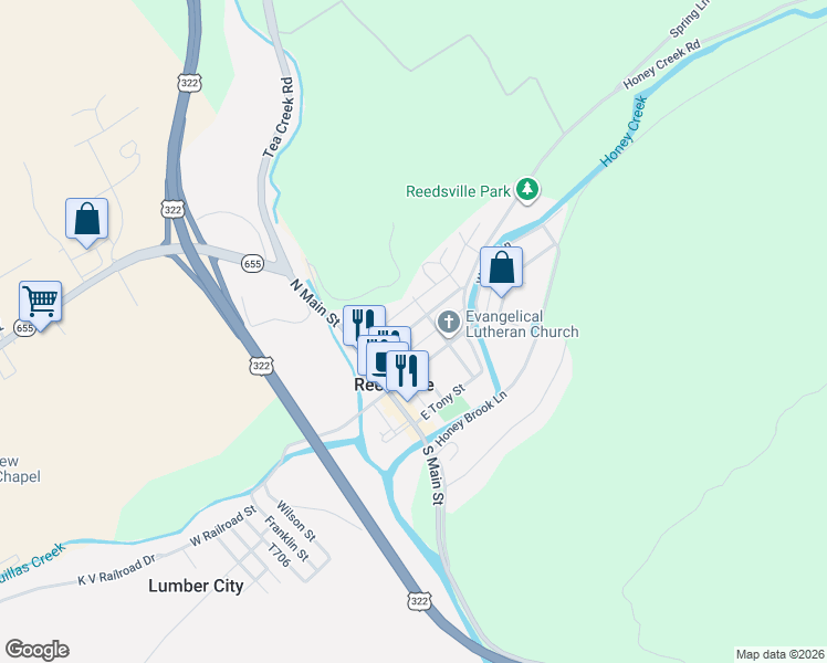 map of restaurants, bars, coffee shops, grocery stores, and more near 177 Church Street in Reedsville