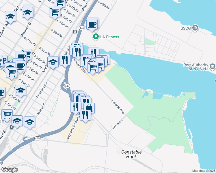 map of restaurants, bars, coffee shops, grocery stores, and more near 69 Lefante Way in Bayonne