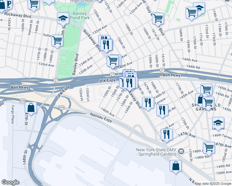map of restaurants, bars, coffee shops, grocery stores, and more near 144-51 157th Street in Queens