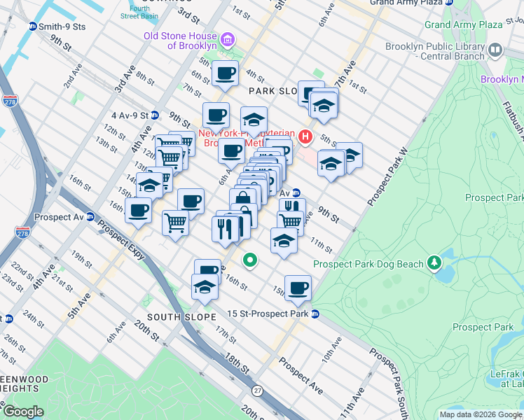 map of restaurants, bars, coffee shops, grocery stores, and more near 389 7th Avenue in Brooklyn