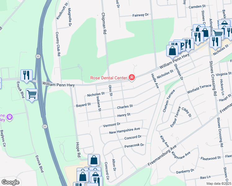 map of restaurants, bars, coffee shops, grocery stores, and more near 4620 Nicholas Street in Easton