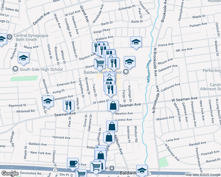 map of restaurants, bars, coffee shops, grocery stores, and more near 1848 Grand Avenue in Baldwin