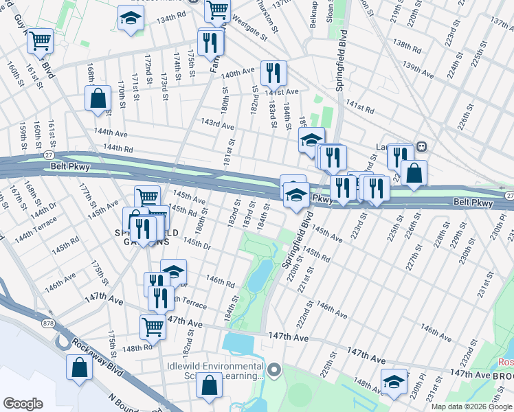 map of restaurants, bars, coffee shops, grocery stores, and more near 184-03 145th Avenue in Queens