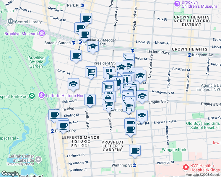 map of restaurants, bars, coffee shops, grocery stores, and more near Rogers Ave & Montgomery St in Brooklyn
