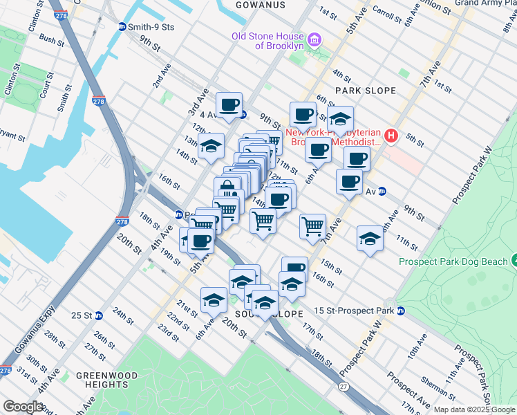 map of restaurants, bars, coffee shops, grocery stores, and more near 251 15th Street in Brooklyn
