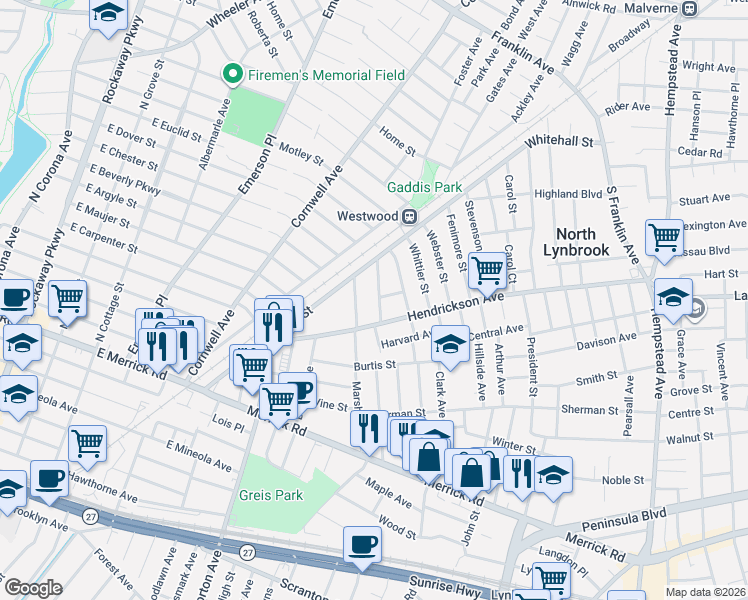 map of restaurants, bars, coffee shops, grocery stores, and more near 247 Hendrickson Avenue in Lynbrook