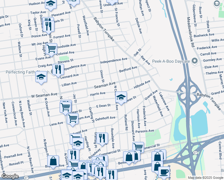 map of restaurants, bars, coffee shops, grocery stores, and more near 156 Harris Avenue in Freeport