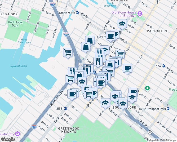 map of restaurants, bars, coffee shops, grocery stores, and more near in Brooklyn