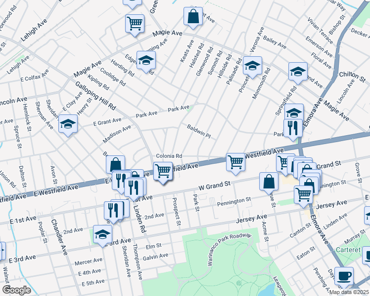 map of restaurants, bars, coffee shops, grocery stores, and more near 3 Hillside Road in Elizabeth