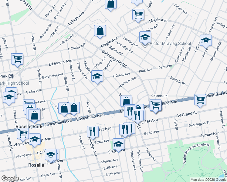 map of restaurants, bars, coffee shops, grocery stores, and more near 128 Bender Avenue in Roselle Park