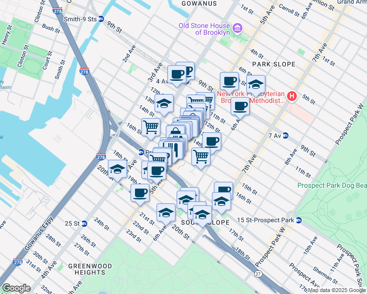 map of restaurants, bars, coffee shops, grocery stores, and more near 15th Street in Brooklyn