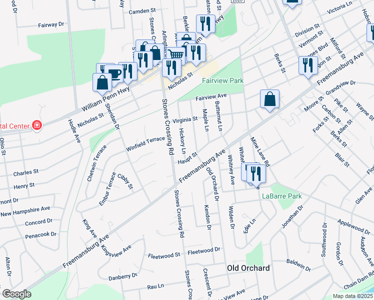 map of restaurants, bars, coffee shops, grocery stores, and more near 807 Hickory Lane in Easton
