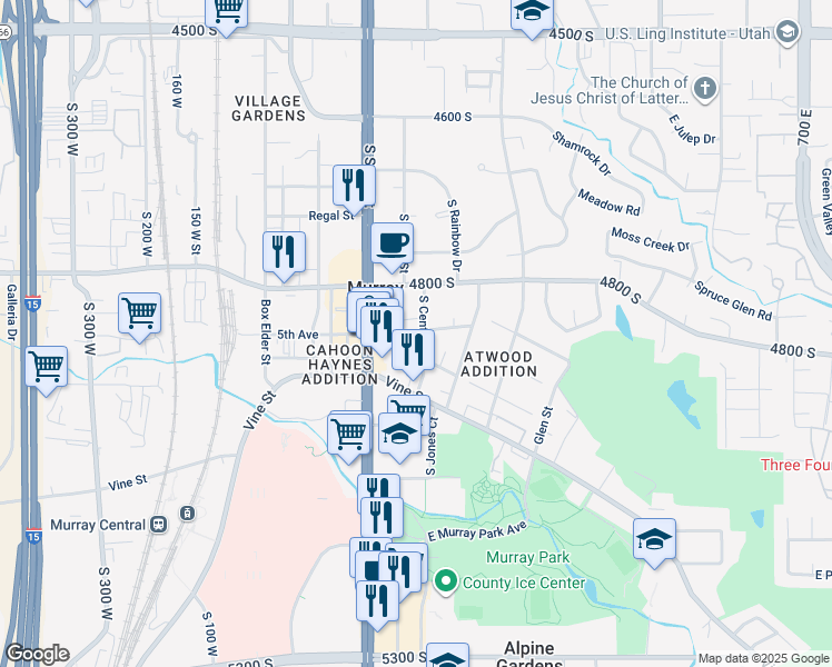 map of restaurants, bars, coffee shops, grocery stores, and more near 4916 South Center Street in Murray