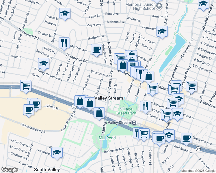 map of restaurants, bars, coffee shops, grocery stores, and more near in Valley Stream