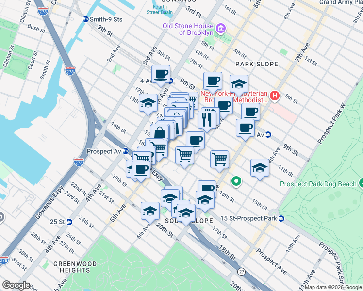 map of restaurants, bars, coffee shops, grocery stores, and more near 280 14th Street in Brooklyn