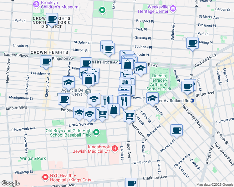 map of restaurants, bars, coffee shops, grocery stores, and more near 734 Crown Street in Brooklyn