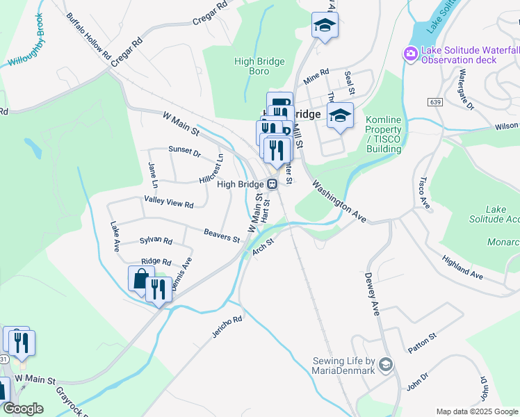 map of restaurants, bars, coffee shops, grocery stores, and more near 39 West Main Street in High Bridge