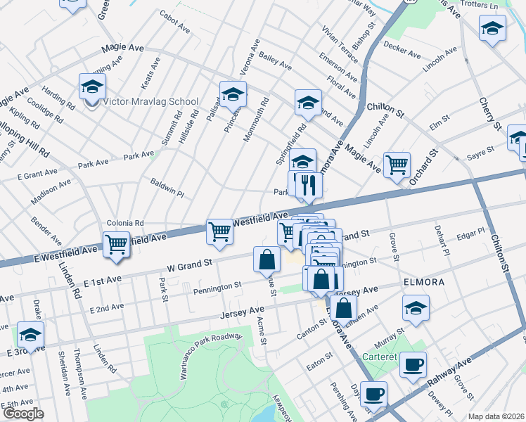 map of restaurants, bars, coffee shops, grocery stores, and more near 702 Westfield Avenue in Elizabeth
