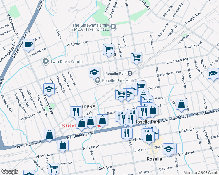 map of restaurants, bars, coffee shops, grocery stores, and more near 130 West Webster Avenue in Roselle Park