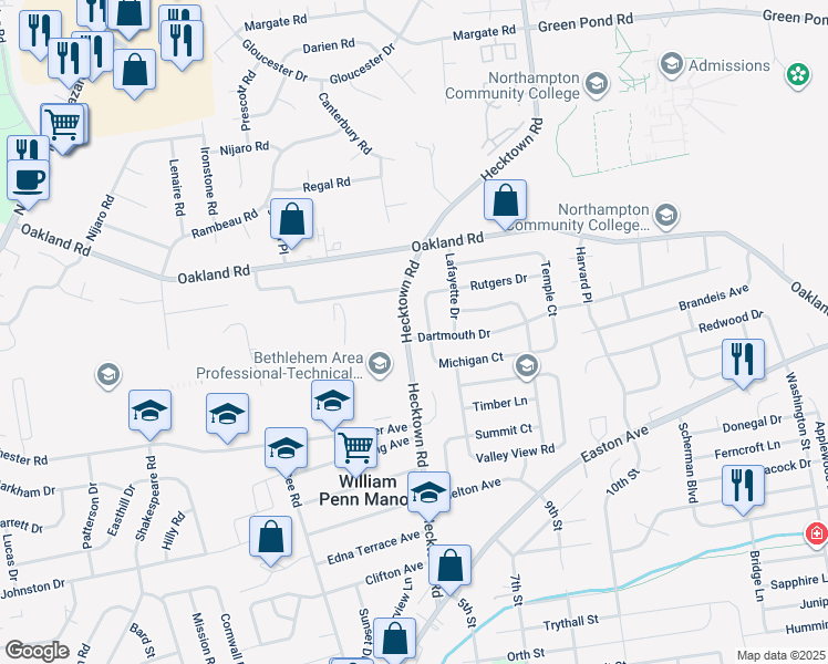 map of restaurants, bars, coffee shops, grocery stores, and more near 3415 Dartmouth Drive in Bethlehem