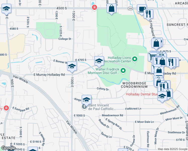 map of restaurants, bars, coffee shops, grocery stores, and more near 1442 Saratoga Road in Holladay