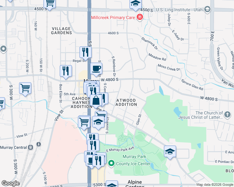 map of restaurants, bars, coffee shops, grocery stores, and more near 4912 South Wasatch Street in Murray