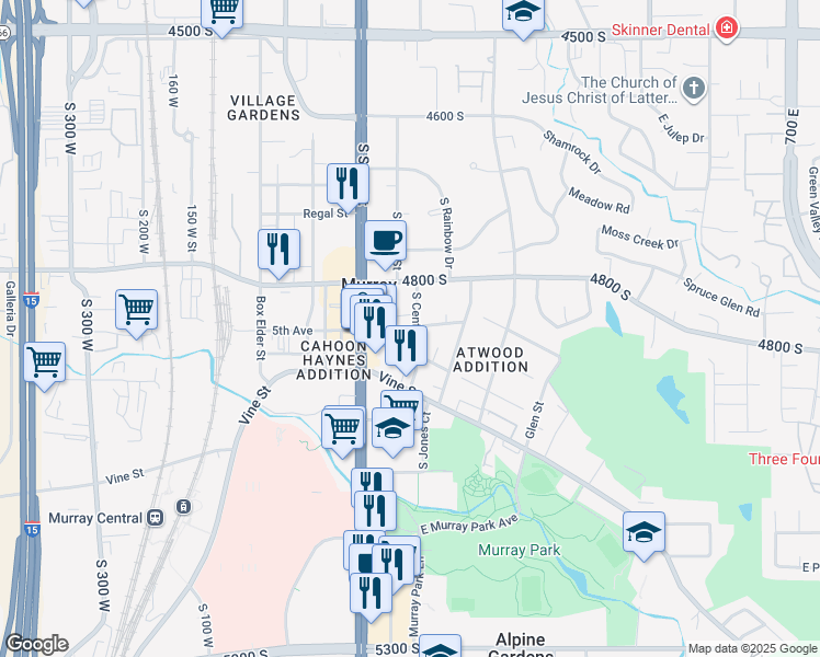 map of restaurants, bars, coffee shops, grocery stores, and more near 4916 South Center Street in Murray
