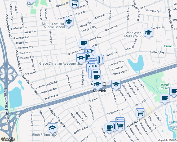 map of restaurants, bars, coffee shops, grocery stores, and more near 1986 Oakwood Avenue in Merrick