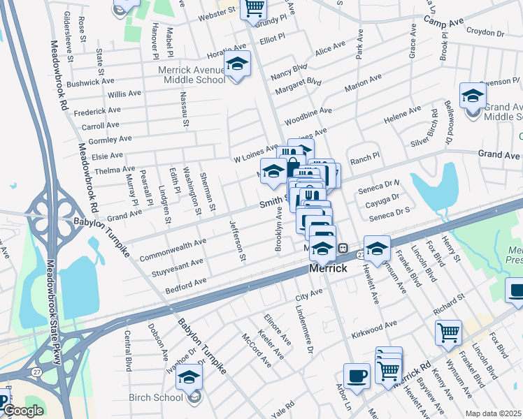 map of restaurants, bars, coffee shops, grocery stores, and more near 1952 Commonwealth Avenue in Merrick