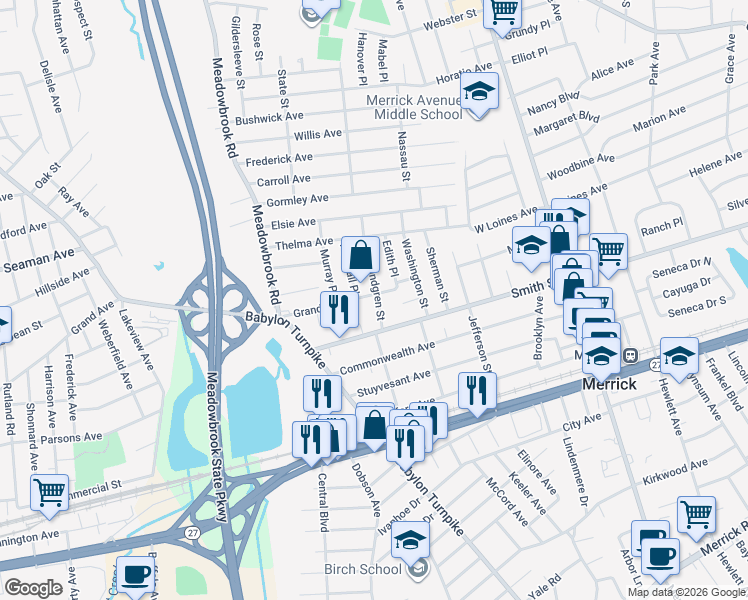 map of restaurants, bars, coffee shops, grocery stores, and more near 2100 Lindgren Street in Merrick