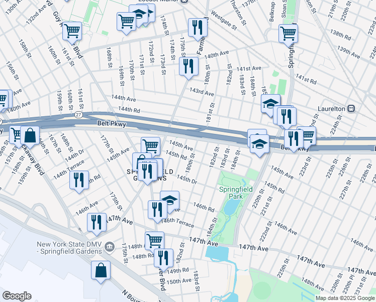 map of restaurants, bars, coffee shops, grocery stores, and more near 179-12 145th Road in Queens