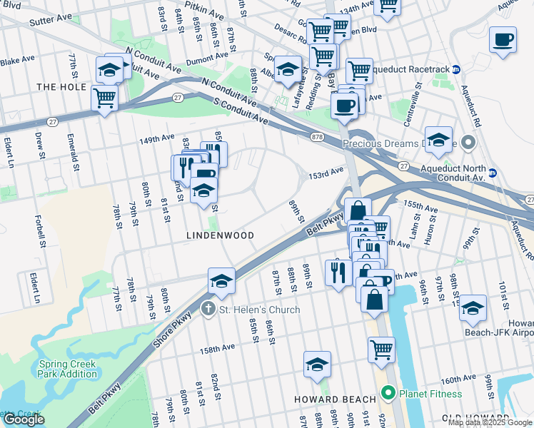 map of restaurants, bars, coffee shops, grocery stores, and more near 88-5 Shore Parkway in Queens