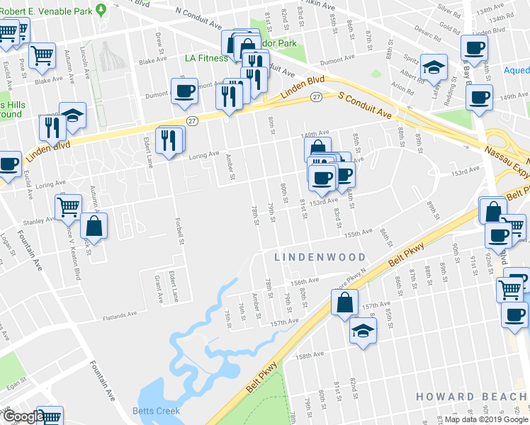 map of restaurants, bars, coffee shops, grocery stores, and more near 153-23 78th Street in Queens