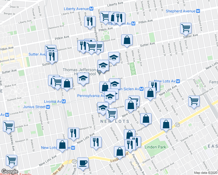 map of restaurants, bars, coffee shops, grocery stores, and more near 504 Granville Payne Avenue in Brooklyn